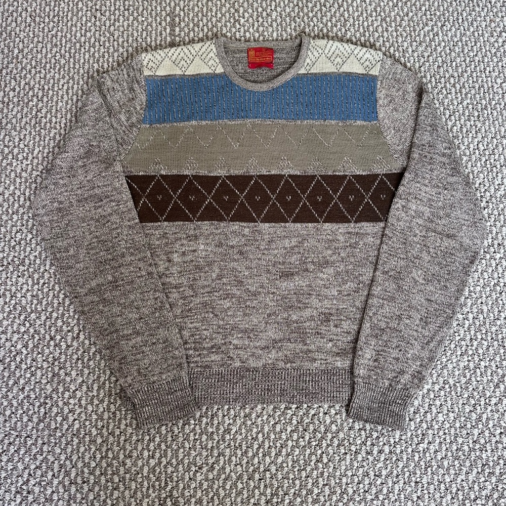 Vintage Brown Blue Sears Acrylic Sweater Men’s L Tall Argyle Knit USA